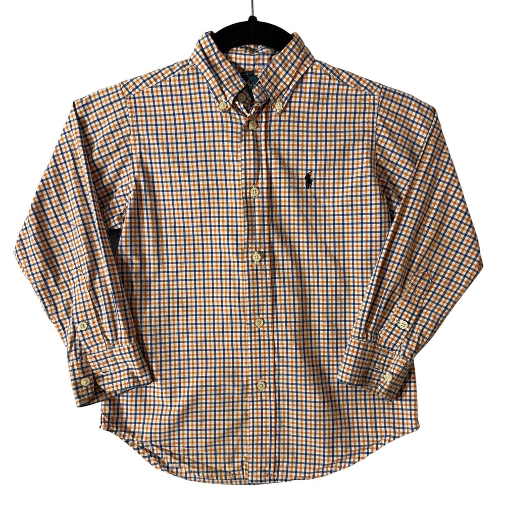 Ralph Lauren Button Down Kids Size 5 Orange Blue Plaid Long Sleeve Shirt